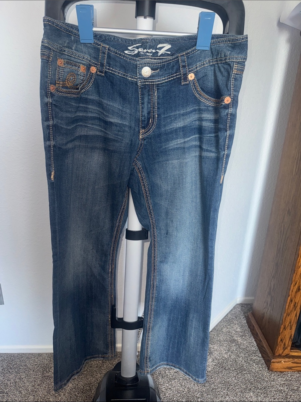 Seven7 Women's Boot Cut Jeans in Blue Wash with Contrast Stitching
